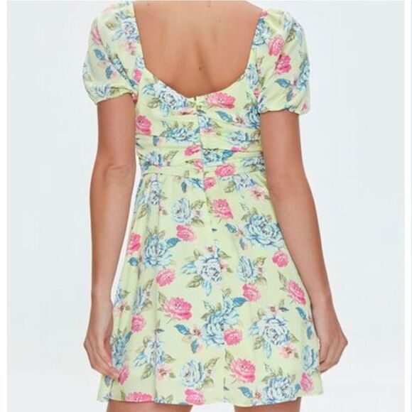NWT Forever 21 Floral Print Mini Dress Green and Pink - Picture 2 of 7